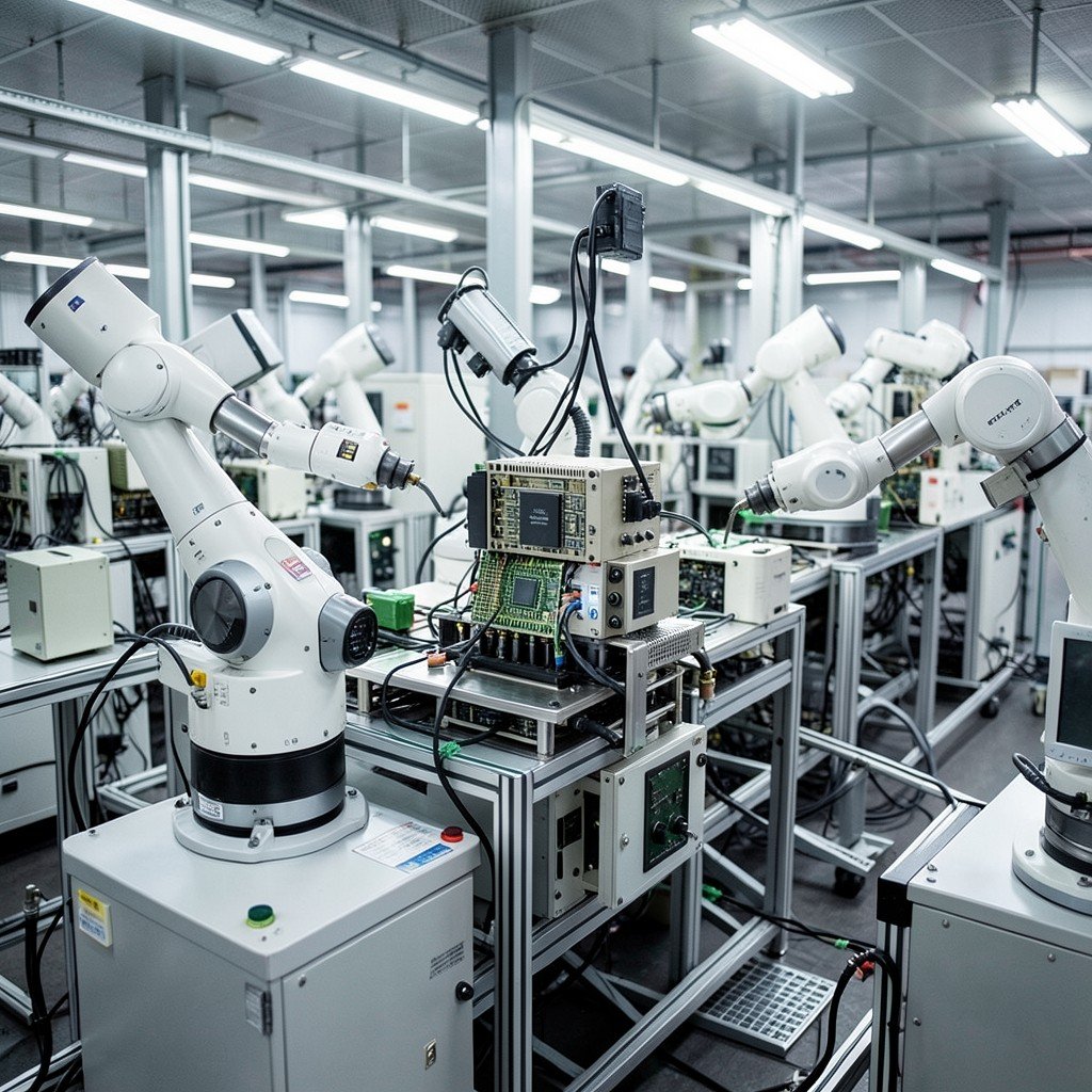 Modern semiconductor factory with automated robotic arms assembling microchips on a production line. Aspect ratio: 4:3