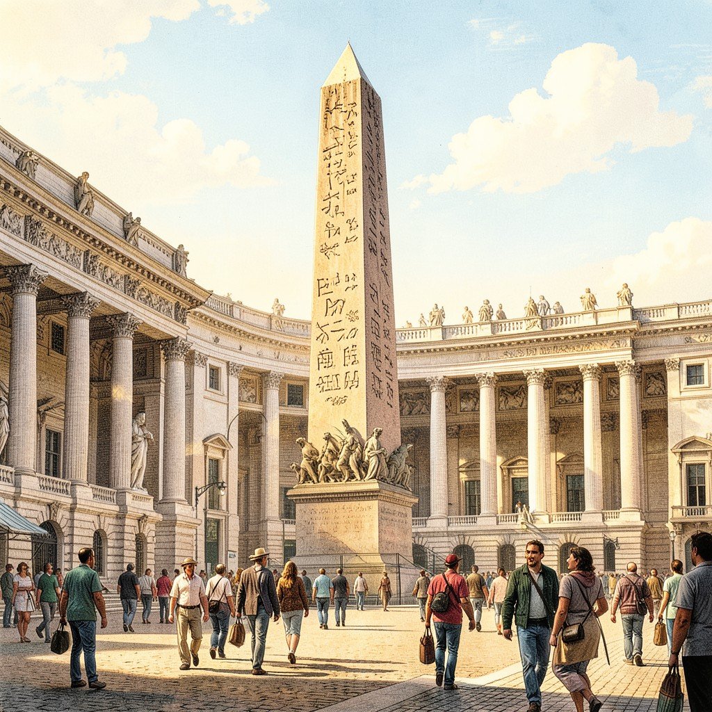 Luxor Obelisk at Place de la Concorde in Paris, sunny day, tourists walking around, detailed historical illustration style, warm lighting, aspect ratio 1:1