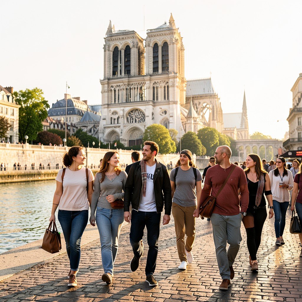 People walking along the Seine river near Notre Dame Cathedral in Paris, natural expressions, casual walking, warm afternoon sunlight, realistic lifestyle photography, aspect ratio 16:9