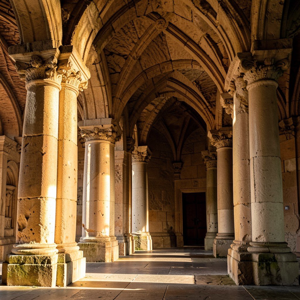 Interior of Poblet Monastery cloister restored stone columns warm sunlight no text 1:1