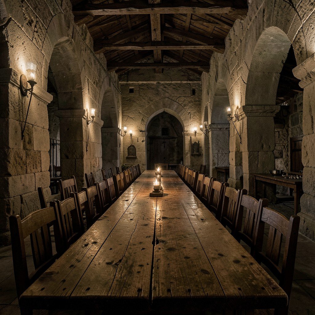 Ancient dining hall of Poblet Monastery long wooden tables dim medieval lighting no text 4:3