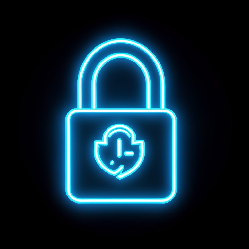 Digital padlock icon glowing in neon blue light protecting a central server core representing proprietary AI model, no text, 1:1