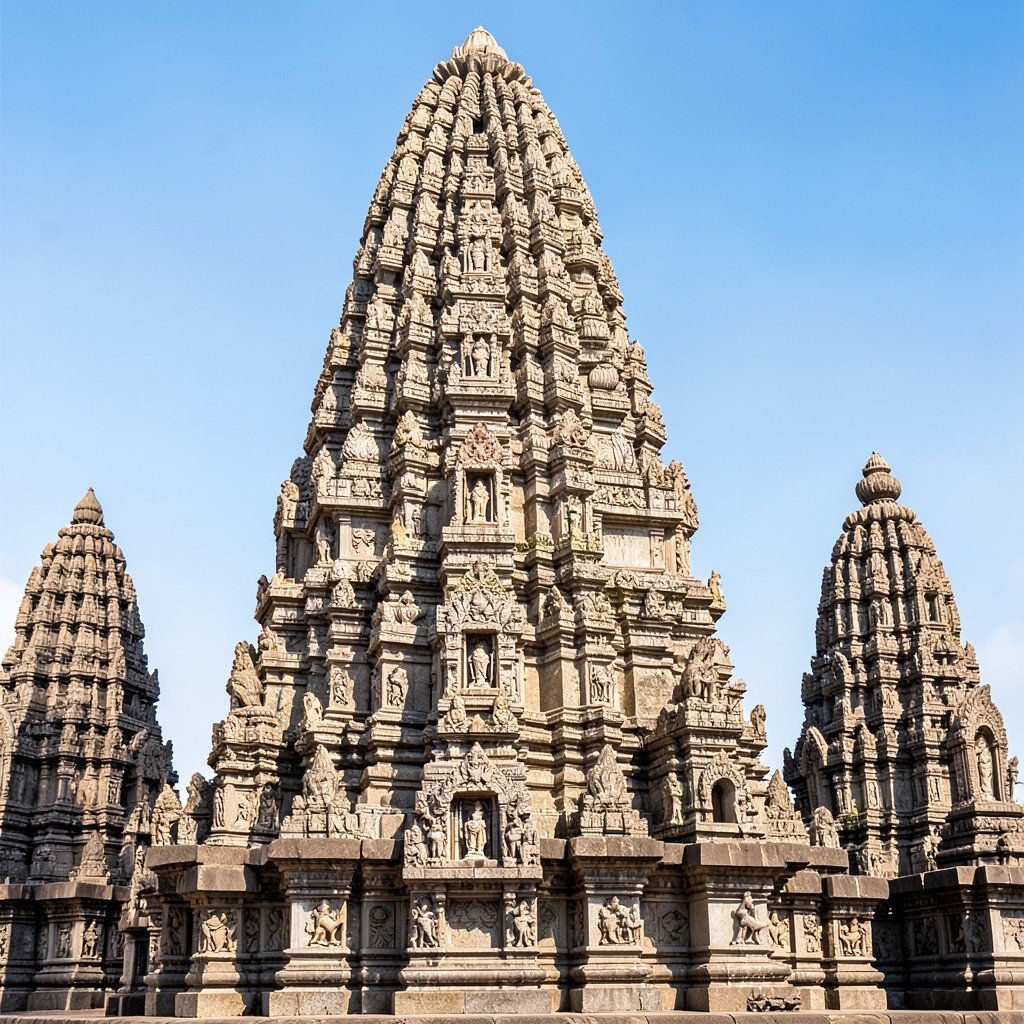 Close up of the central tall stone temple in Prambanan Temple Compounds with intricate carvings. Clear sky, bright balanced lighting, no extreme shadows. Rich textured background and full frame centered focus. No text. Aspect ratio 1:1