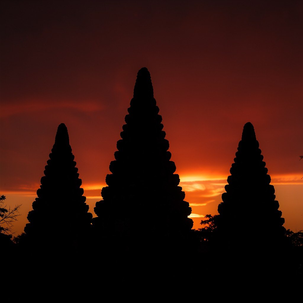Silhouette of Prambanan Temple Compounds spires against a deep red and orange sunset sky. Lifestyle photography style, warm lighting, natural setting. Full frame centered focus with no empty margins. No text. Aspect ratio 4:3