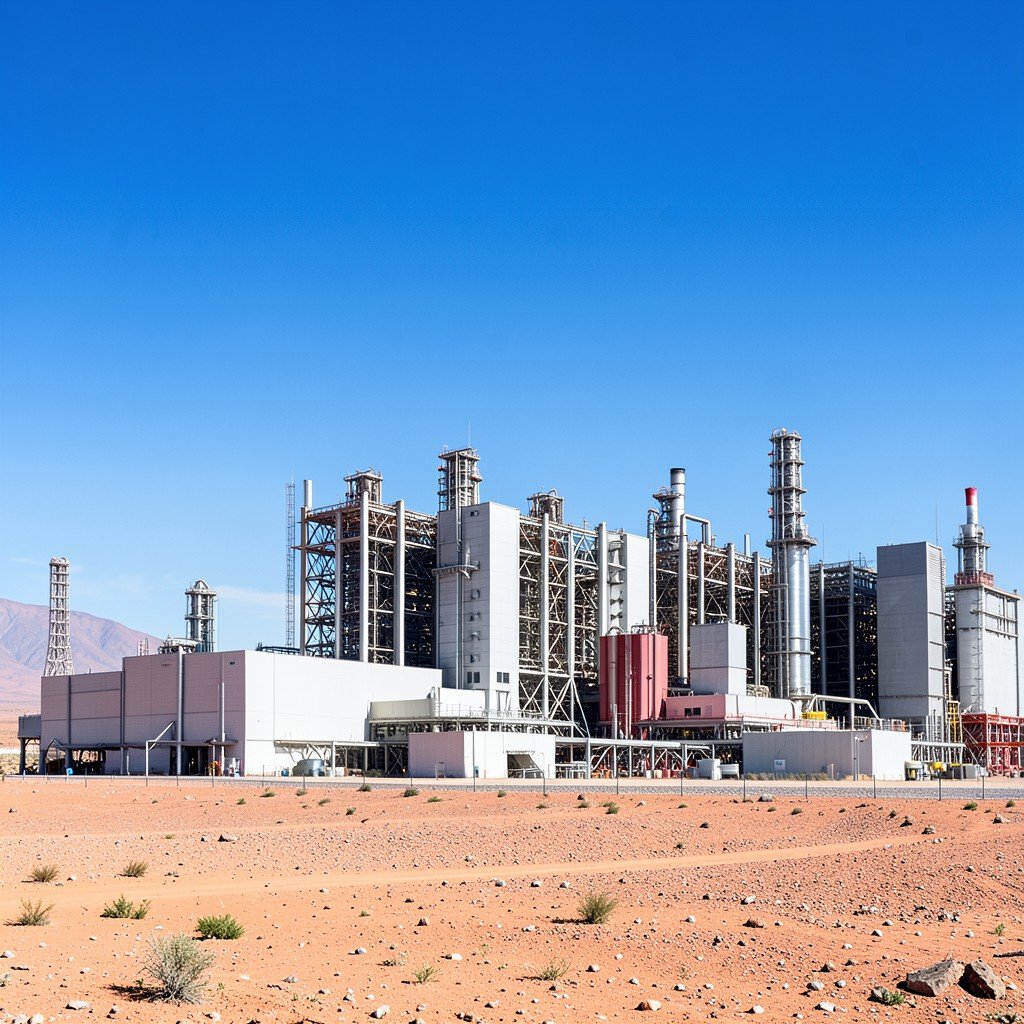 Wide shot of a massive modern semiconductor fabrication plant in a desert landscape in Arizona clear blue sky industrial architecture NO KOREAN Text 4:3