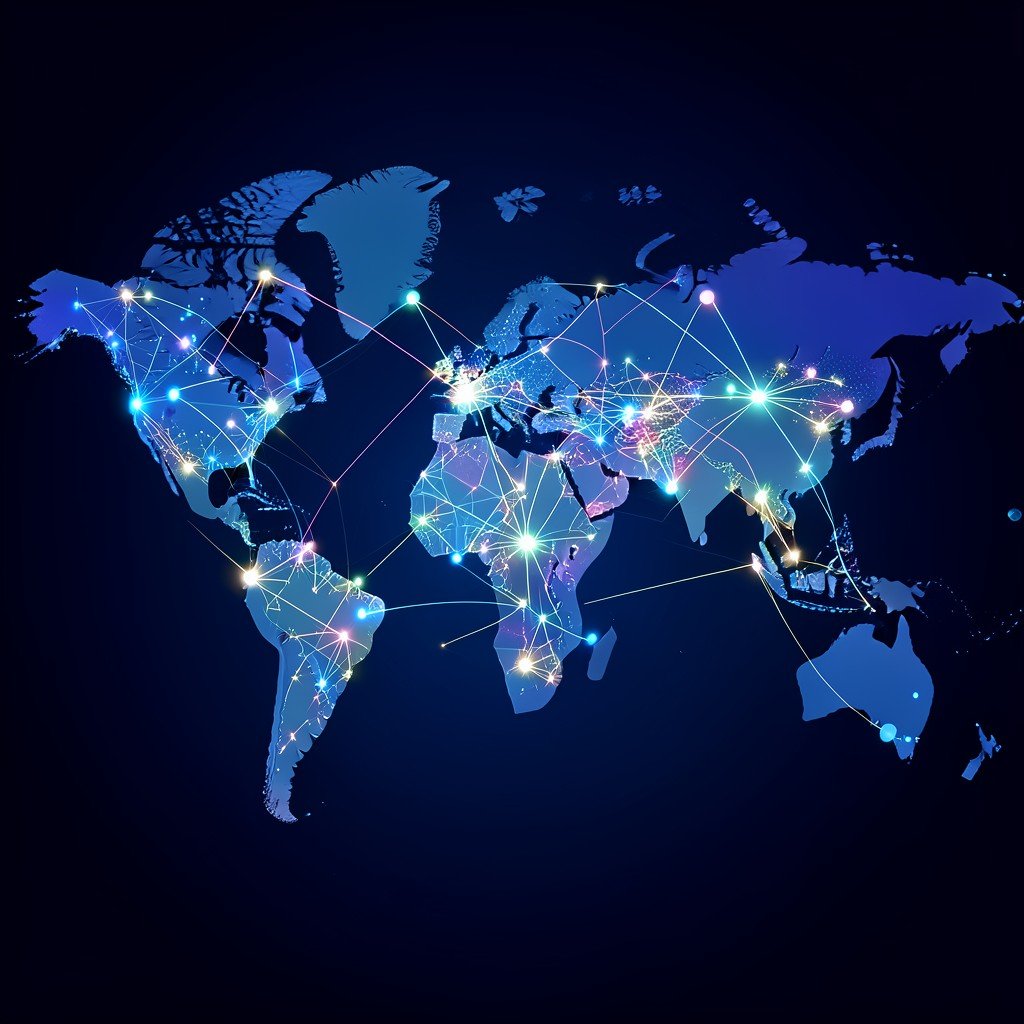 Abstract representation of global tech partnerships with glowing interconnected lines and nodes over a dark blue world map modern digital aesthetic NO KOREAN Text 1:1