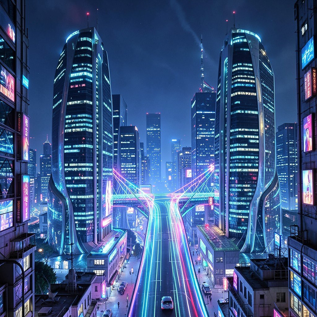 Two glowing futuristic buildings representing tech giants connected by a bright digital bridge in a cyberpunk cityscape night time aesthetic NO KOREAN Text 1:1