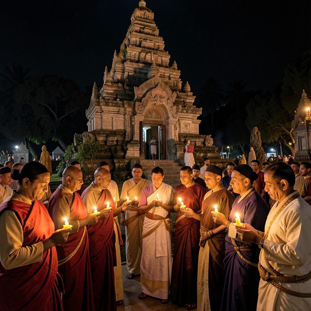 Pilgrims holding warm candles and praying at night in front of a Buddhist temple in Sri Lanka peaceful atmosphere 4:3