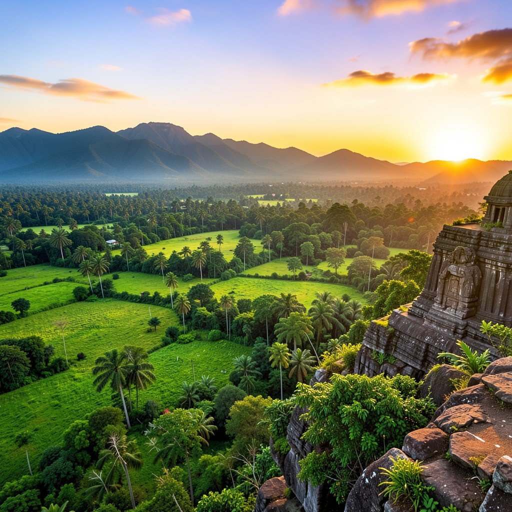 Panoramic view of lush green Sri Lankan plains and distant mountains from the top of Dambulla rock temple sunset lighting 4:3