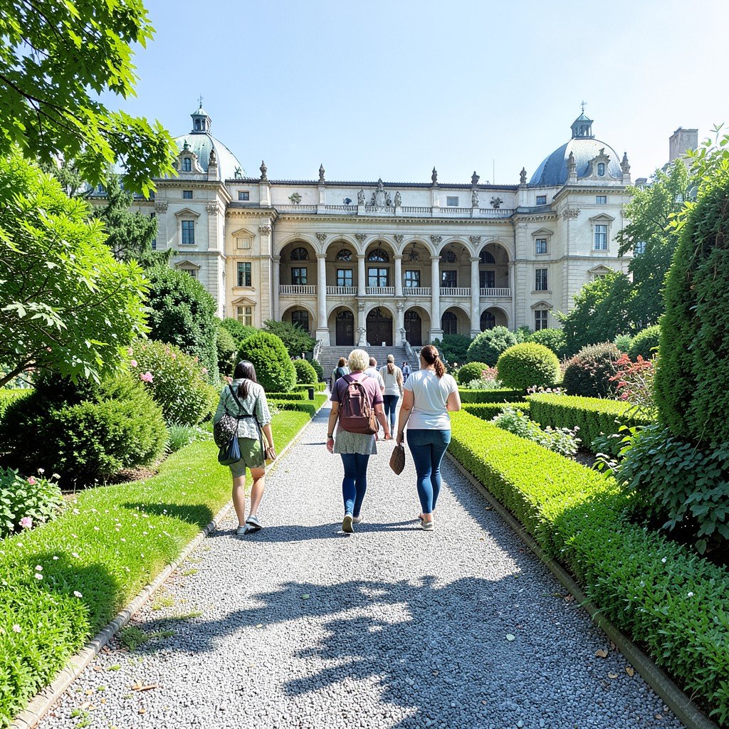 People walking on a gravel path through a lush green historical palace garden on a summer day no text 4:3