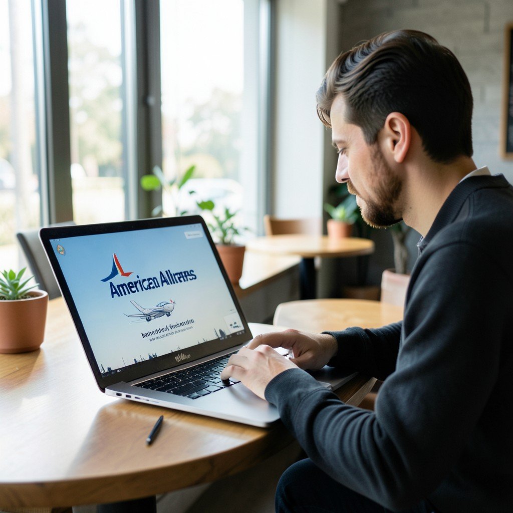 A traveler booking an American Airlines flight on a laptop at a cafe, modern lifestyle photography, soft natural lighting, no text, aspect ratio 1:1