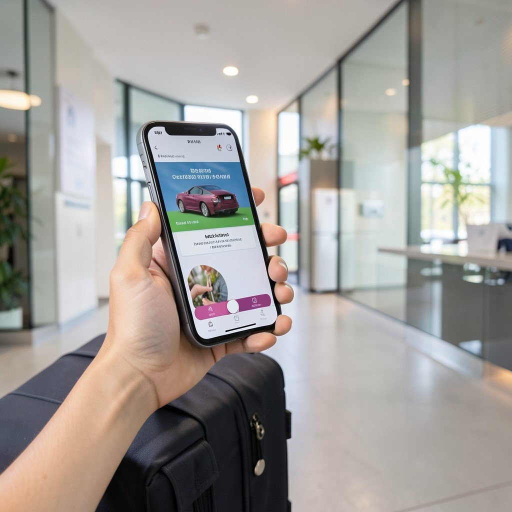 A person using a smartphone app to pay for checked baggage fees, clean modern background, lifestyle photography, no text, aspect ratio 1:1