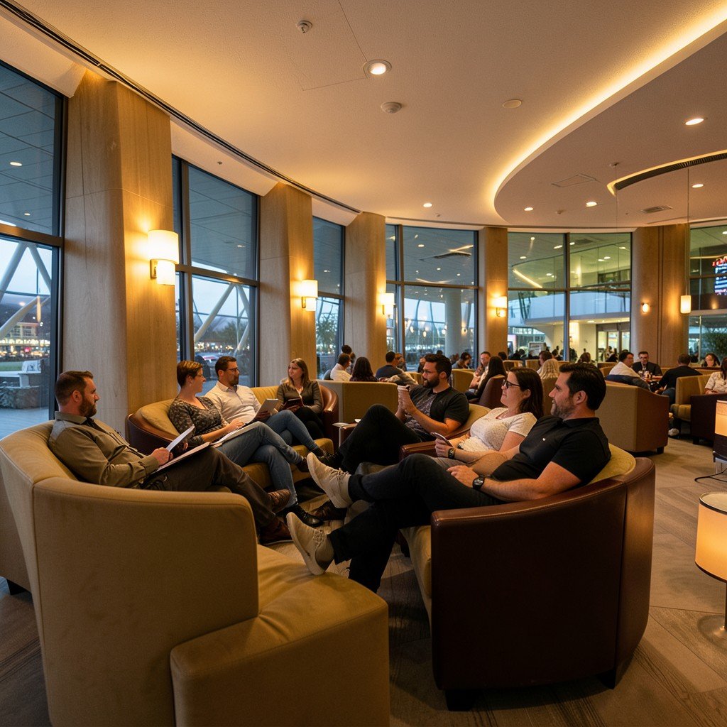 Airline passengers relaxing in a premium airport lounge, warm ambient lighting, wide angle view, no text, aspect ratio 1:1