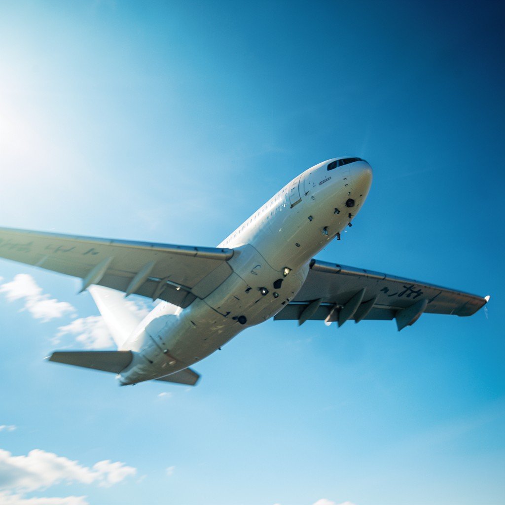 A commercial airplane taking off into a bright blue sky, dynamic perspective, cinematic lighting, no text, aspect ratio 1:1