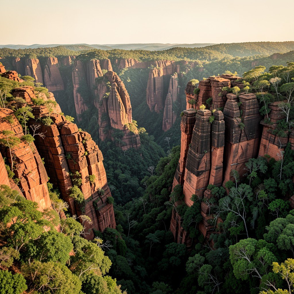 Dramatic canyons and rugged red rock formations in Serra da Capivara National Park Brazil dense vegetation at the canyon base natural setting warm lighting 4:3