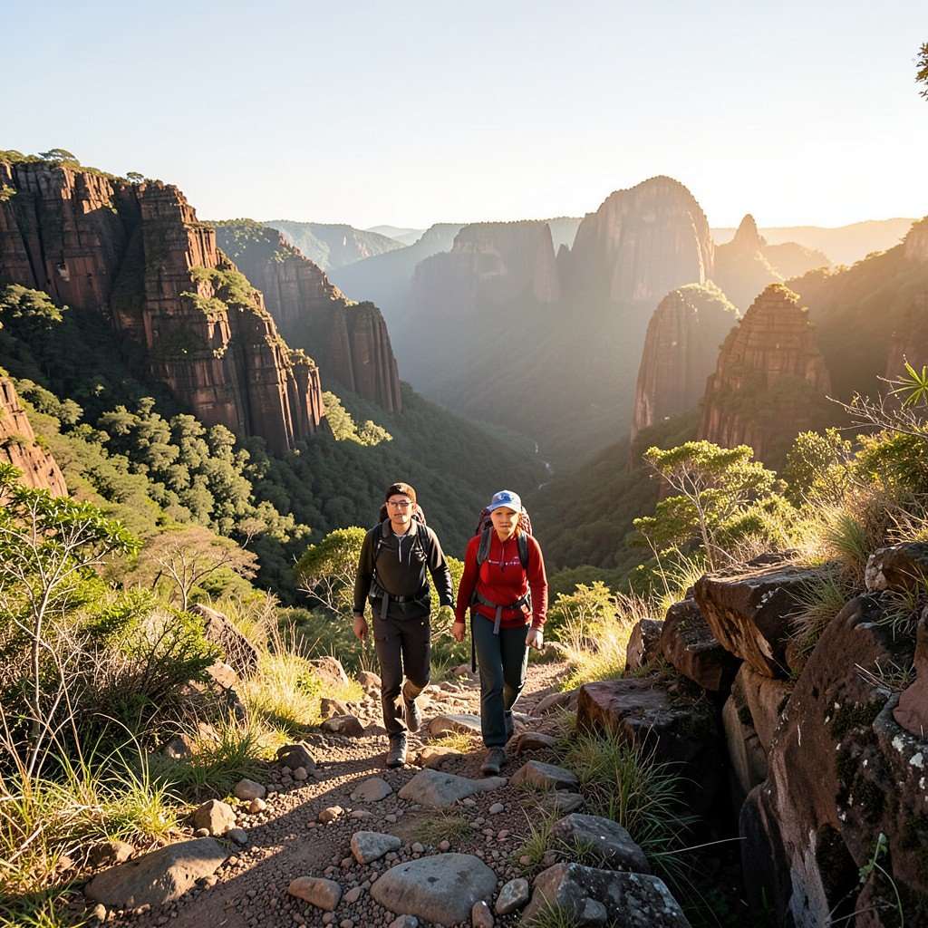 Two Korean hikers walking on a rugged trail through a canyon in Serra da Capivara National Park Brazil sunny day natural setting warm lighting 4:3