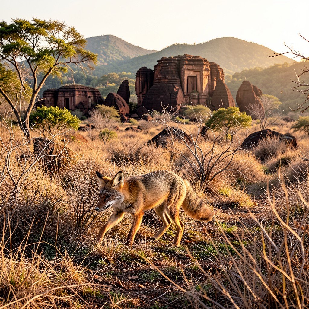 A wild fox walking through the dry brushland of Serra da Capivara National Park Brazil natural setting warm lighting 4:3