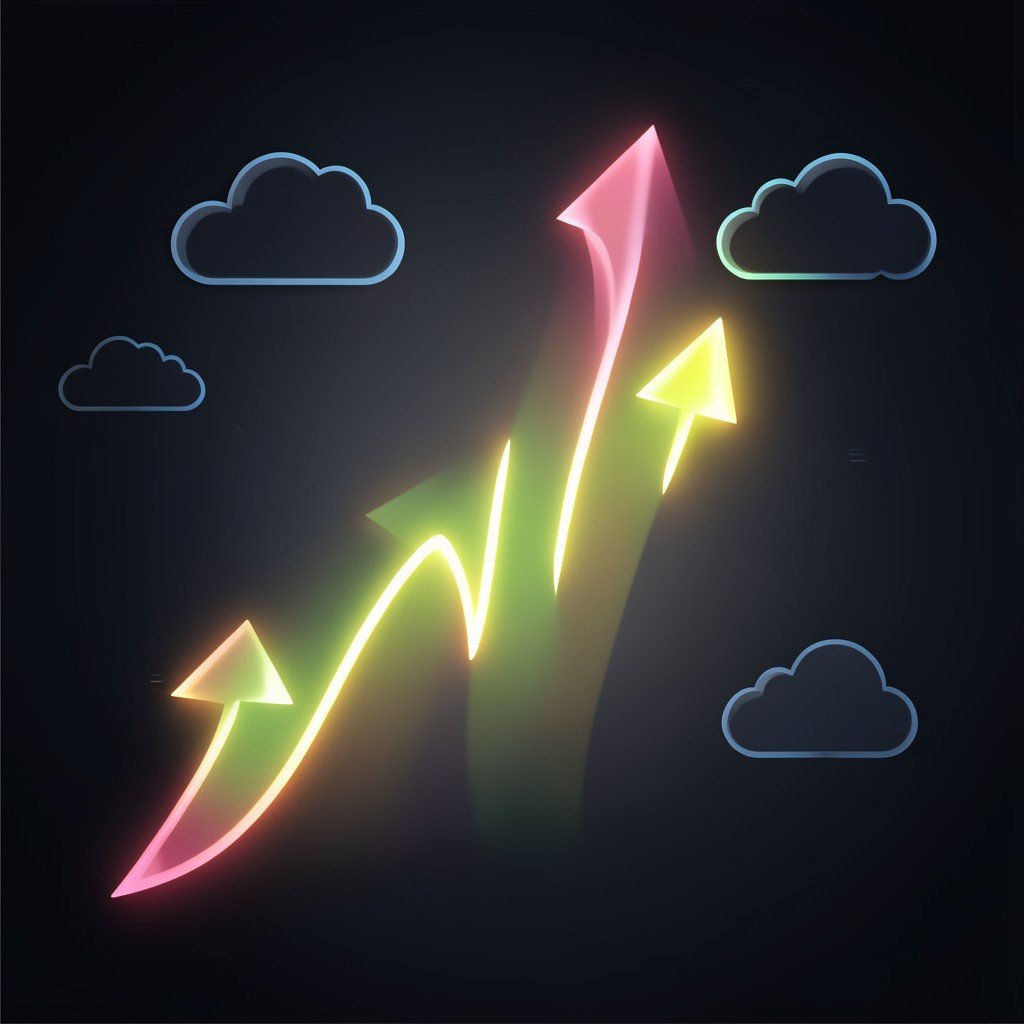 Abstract representation of growing business revenue with glowing upward arrows and cloud icons modern dark background 1:1