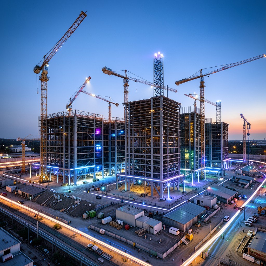 Wide shot of massive data center construction site at dusk with cranes and futuristic lighting 1:1