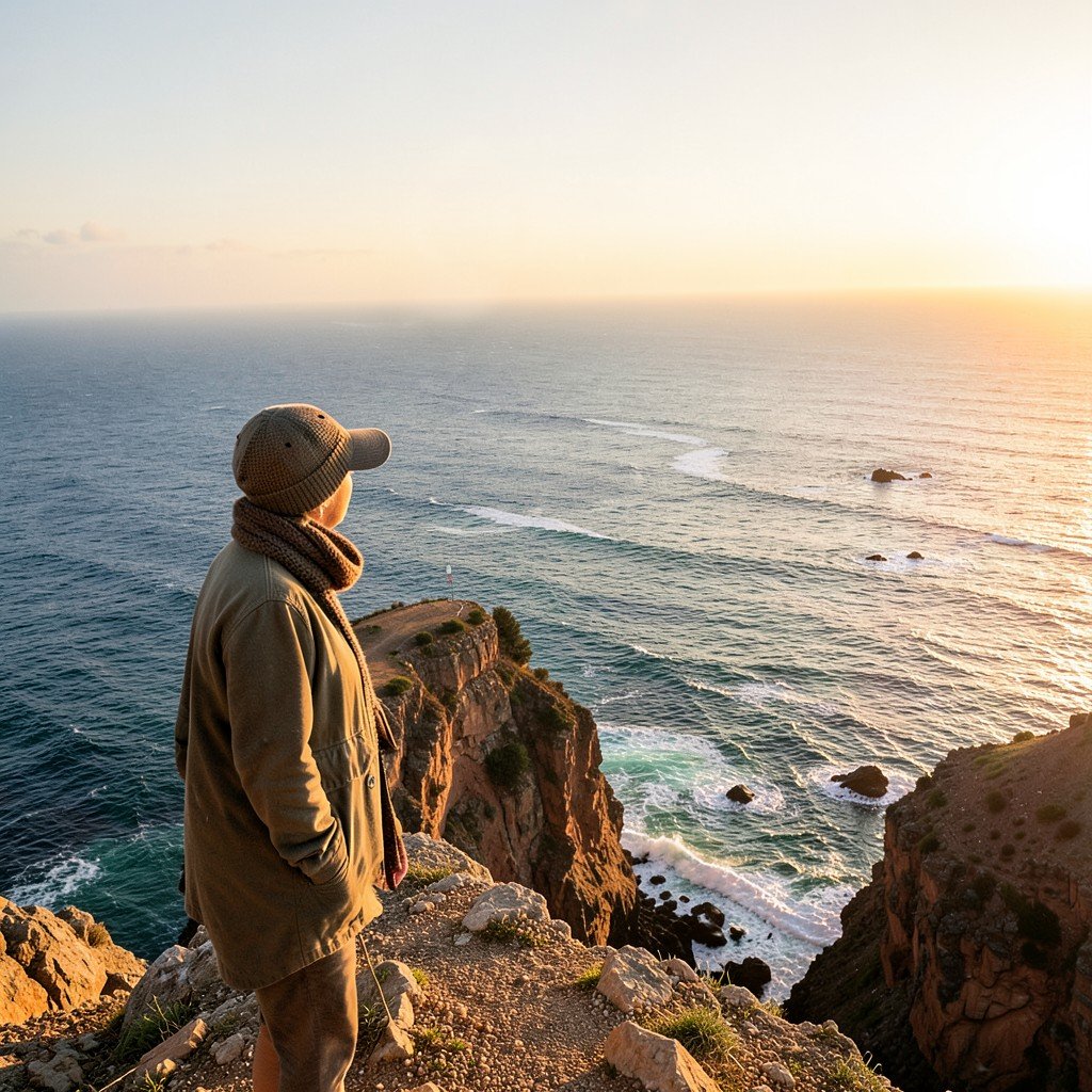 Traveler looking out over the Indian Ocean from a cliff in Western Australia warm lighting lifestyle photography NO KOREAN Text 1:1