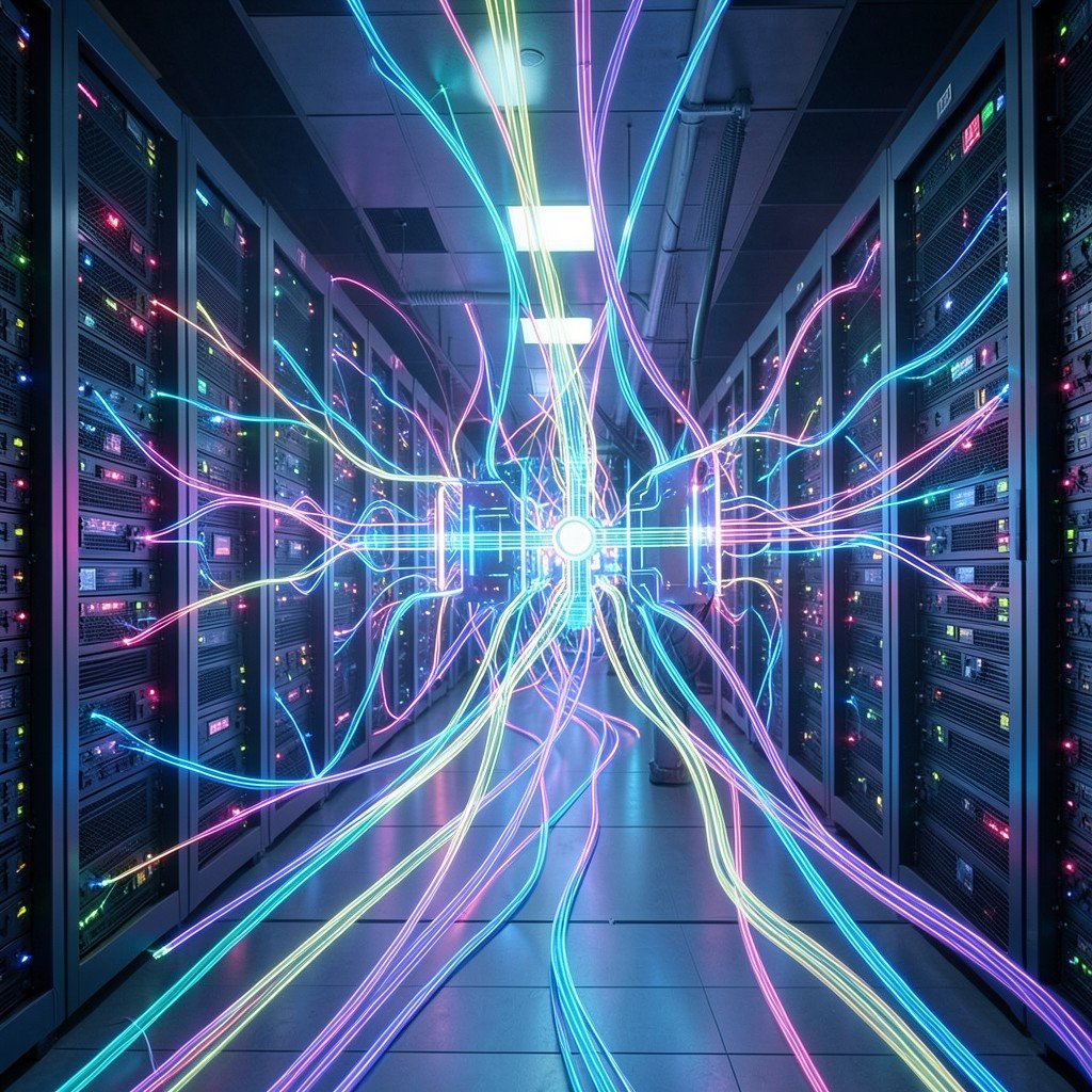 Futuristic optical circuit switches with glowing fiber optic cables in a high tech AI data center, modern data transmission visualization, dynamic lighting, no text, aspect ratio 1:1