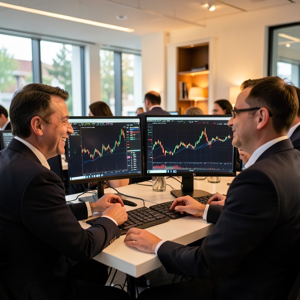 Professional investors analyzing financial charts and stock market data on multiple monitors in a modern trading room, optimistic atmosphere, warm lighting, no text, aspect ratio 1:1