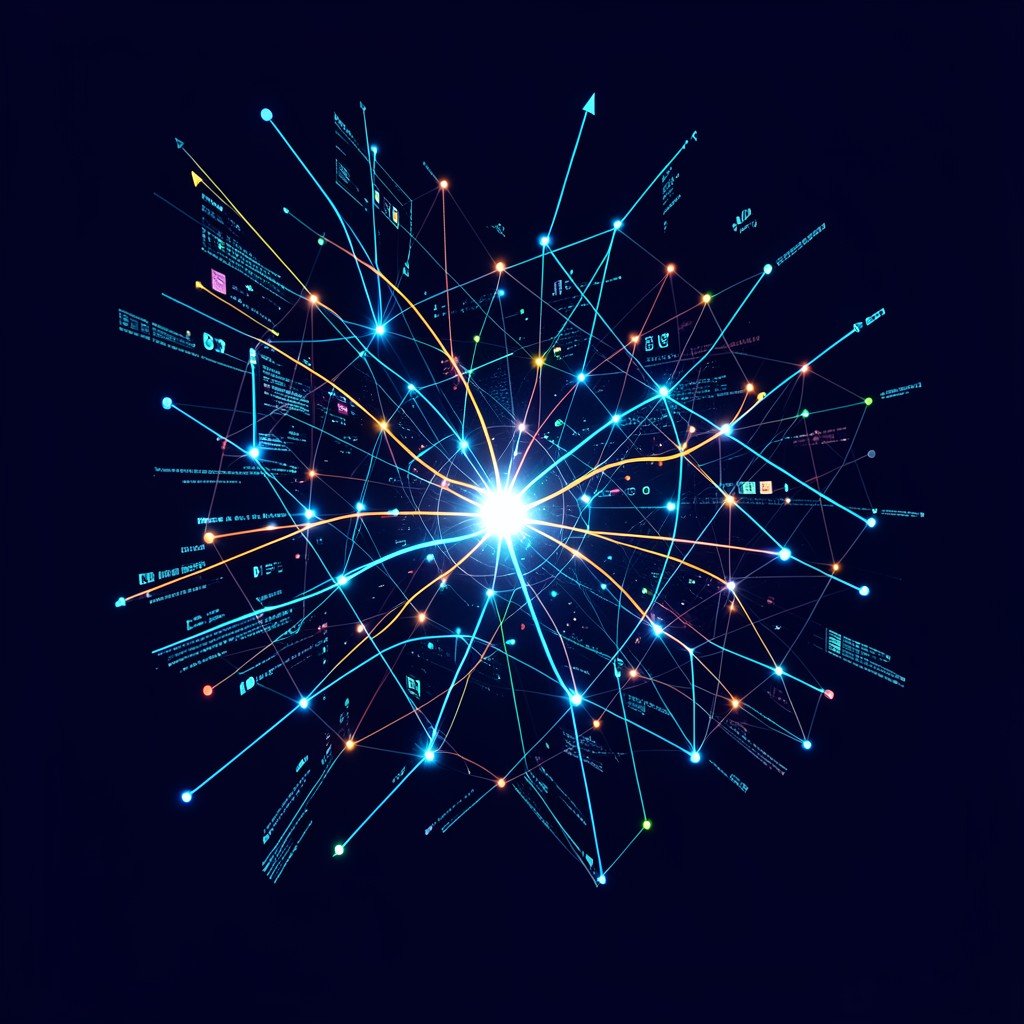 Abstract representation of rapidly changing technology market, glowing network connections and data flows, digital transformation concept, dark blue background, no text, aspect ratio 1:1