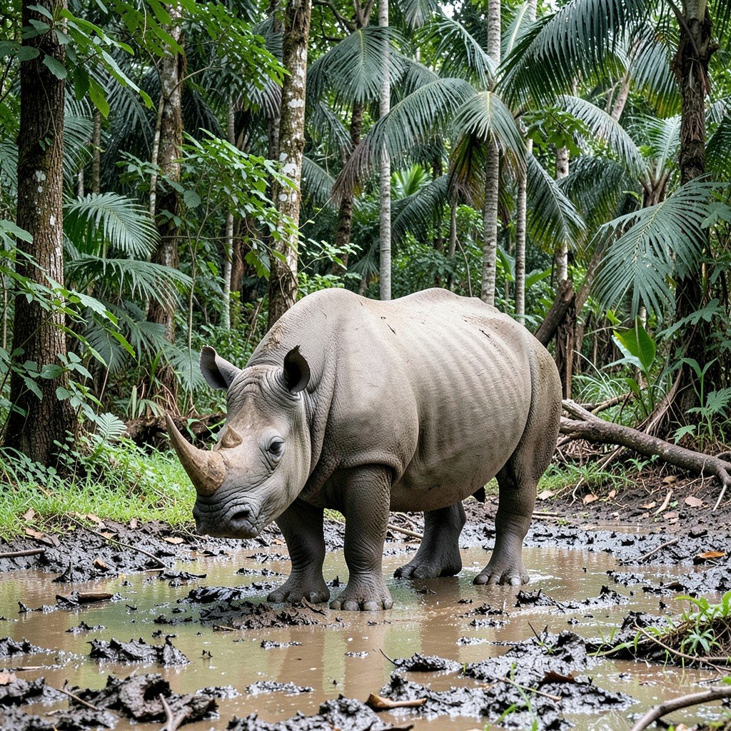 Rare Javan rhinoceros standing in a muddy clearing in the tropical forest of Ujung Kulon Indonesia natural lighting no text, aspect ratio 4:3