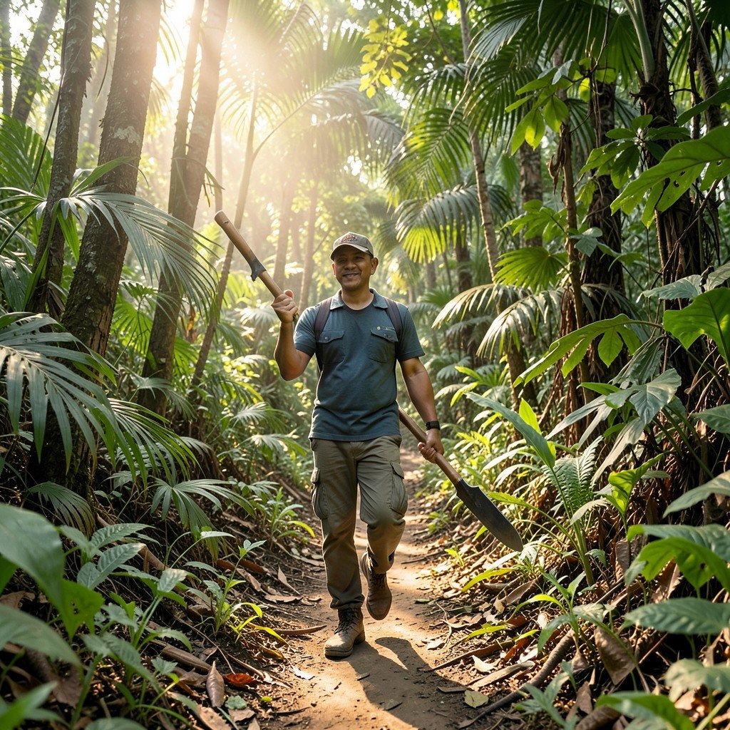 Indonesian local guide walking through a dense tropical jungle path holding a machete soft morning light natural setting no text, aspect ratio 1:1