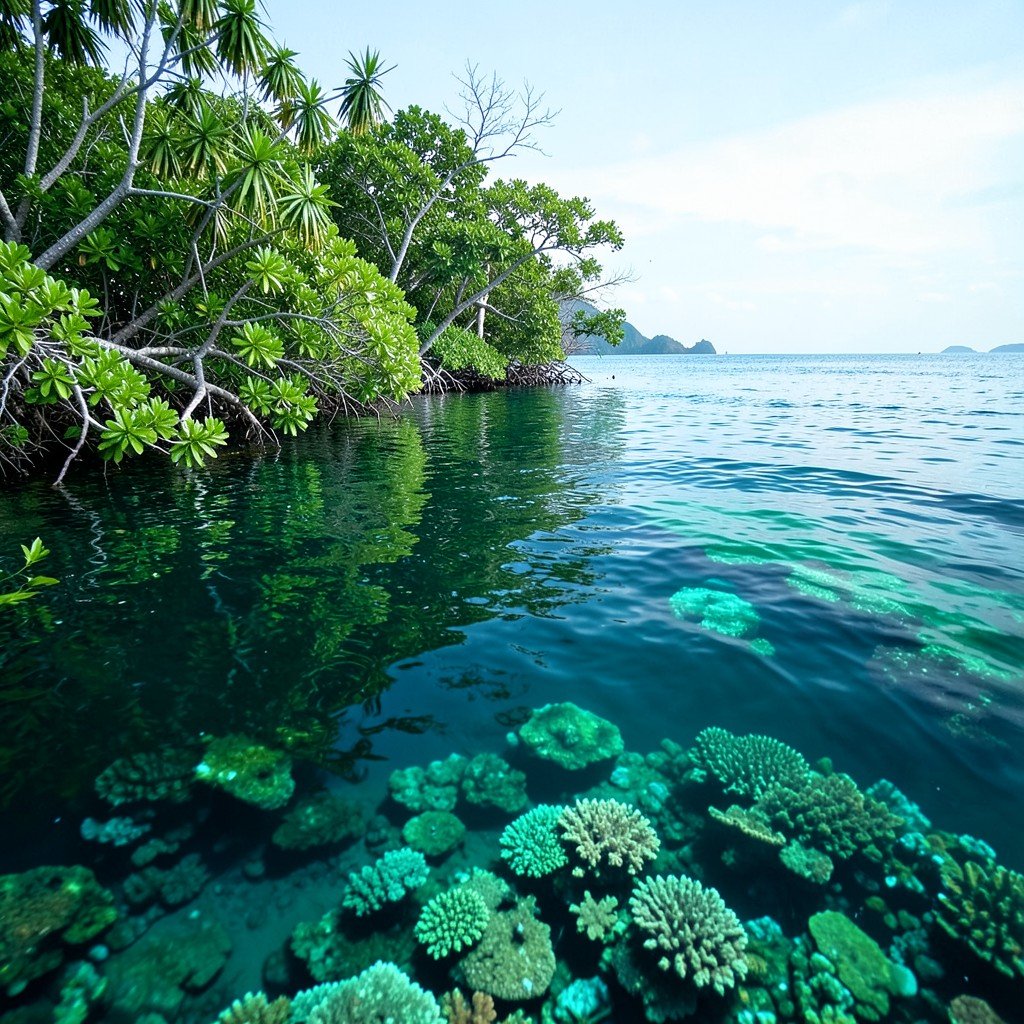 Calm tropical ocean with vibrant coral reefs visible underwater near a mangrove forest in Ujung Kulon Indonesia no text, aspect ratio 4:3