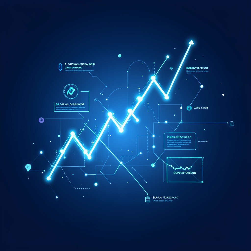 Modern conceptual illustration of AI software development ecosystem with glowing upward stock trend lines on a dark blue gradient background aspect ratio 1:1