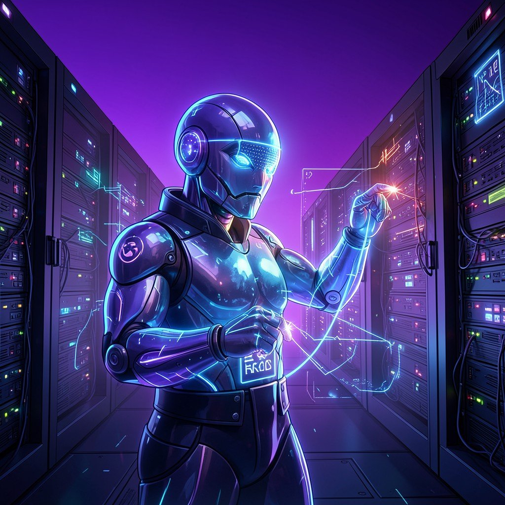 Digital illustration of a glowing AI agent robot resolving server error issues in a high-tech data center with deep purple gradient background aspect ratio 1:1