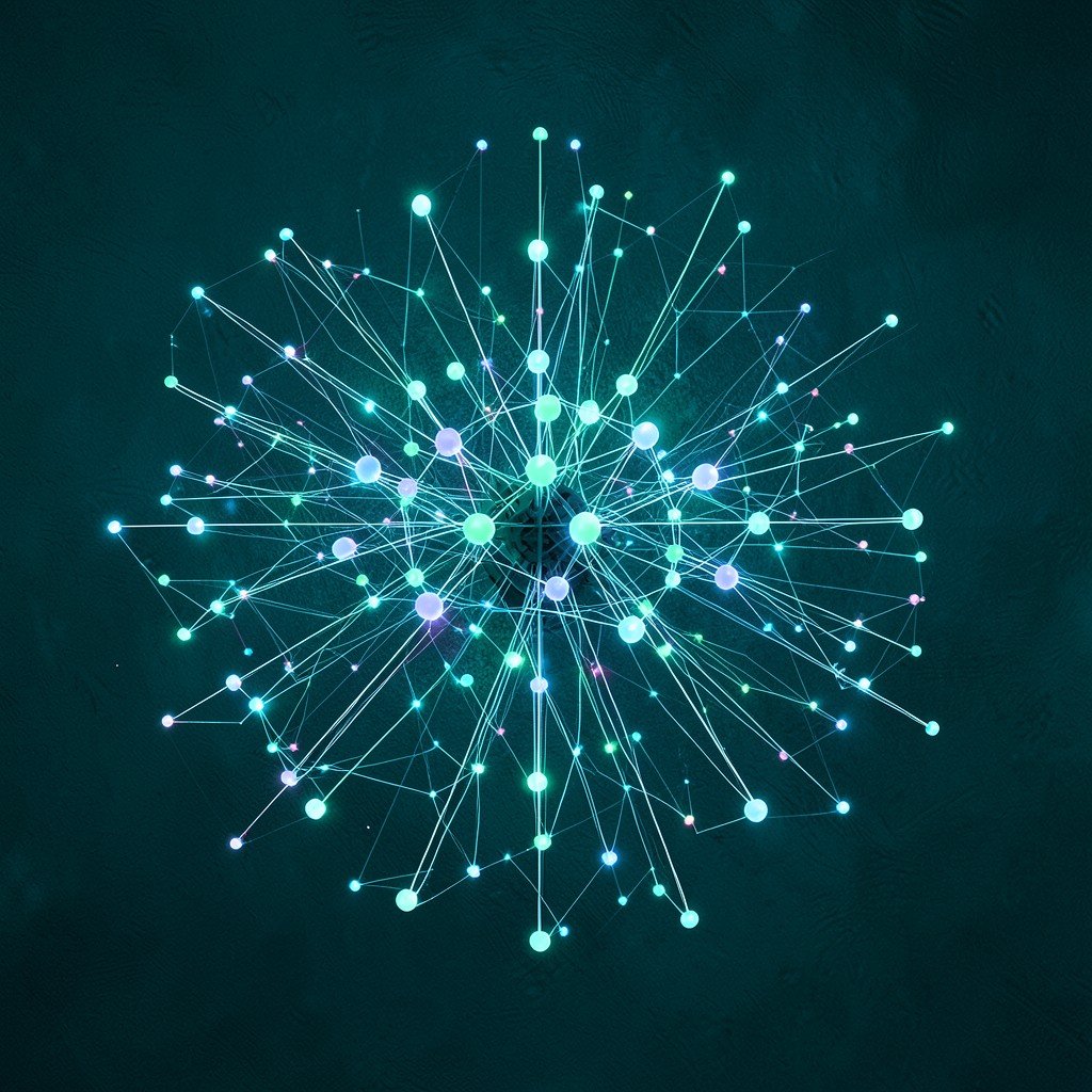 Abstract 3D rendering of a complex interconnected backend architecture system with glowing nodes and data lines on a dark teal textured background aspect ratio 4:3