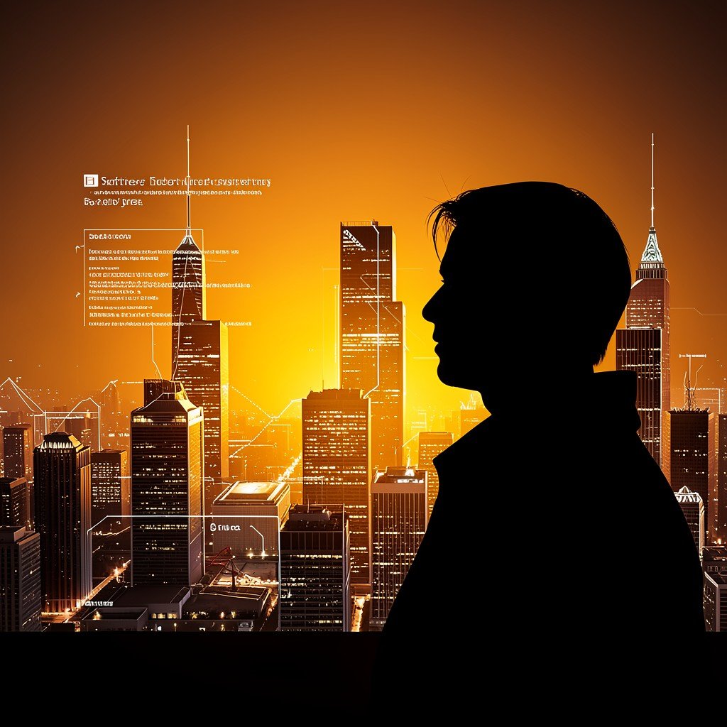 Visionary silhouette of a person looking at a futuristic digital cityscape representing software industry growth on a warm orange and dark gradient background aspect ratio 1:1