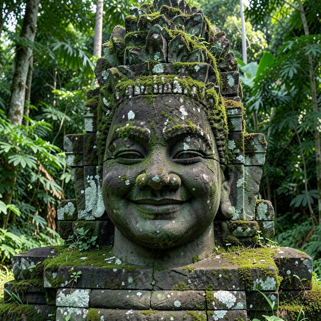 Stone face statue of Bayon temple with serene smile, ancient weathered stone texture, covered with green moss, jungle background, natural lighting, photorealistic, 1:1