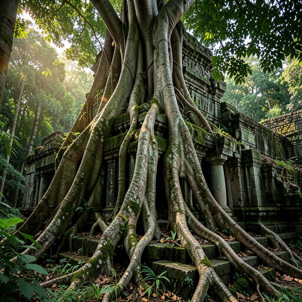 Massive tree roots engulfing ancient stone walls of Ta Prohm temple in Angkor, deep jungle environment, interplay of nature and ruins, sunlight filtering through canopy, photorealistic, 4:3