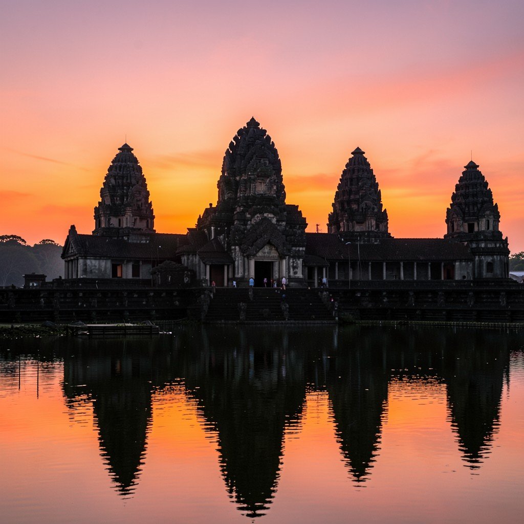 Sunset scene at Angkor Wat reflecting on calm water in front of the temple, silhouette of ancient towers against vibrant orange and pink sky, serene atmosphere, photorealistic, 4:3
