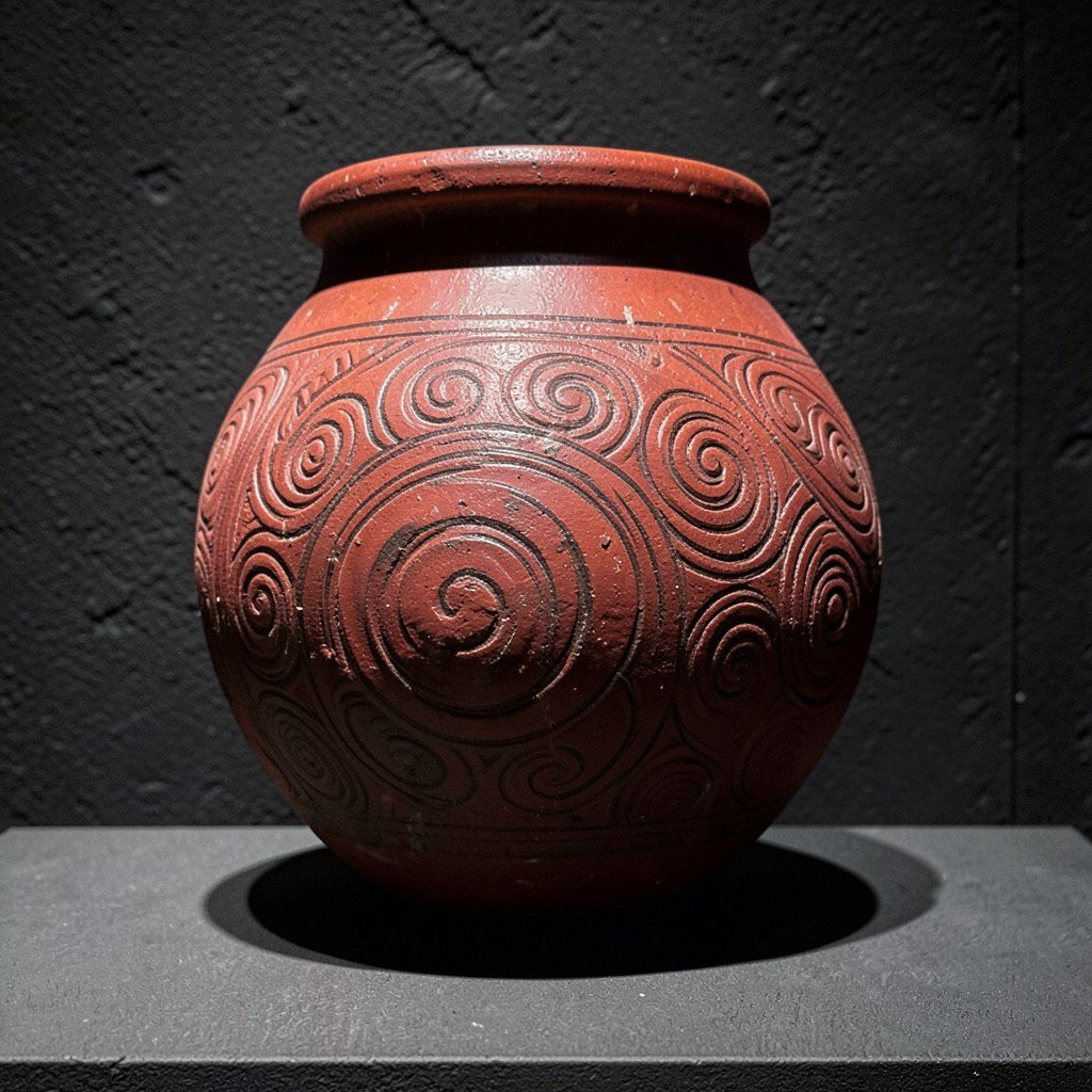 Close up shot of ancient Ban Chiang red painted pottery with intricate spiral patterns on a textured dark background, museum lighting highlighting the details, no text, 1:1