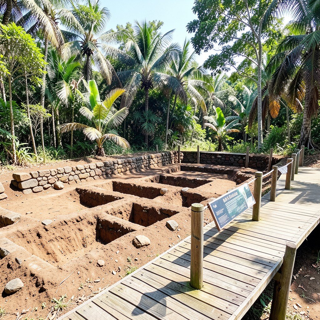 Outdoor archaeological excavation site at Ban Chiang with preserved digging pits and informational wooden walkways surrounded by tropical trees, bright daylight, no text, 4:3