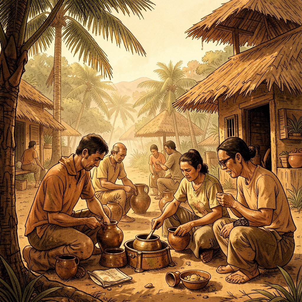 Artistic illustration of prehistoric Ban Chiang community life with people making pottery and working with bronze in a tropical village setting, warm earthy tones, no text, 4:3