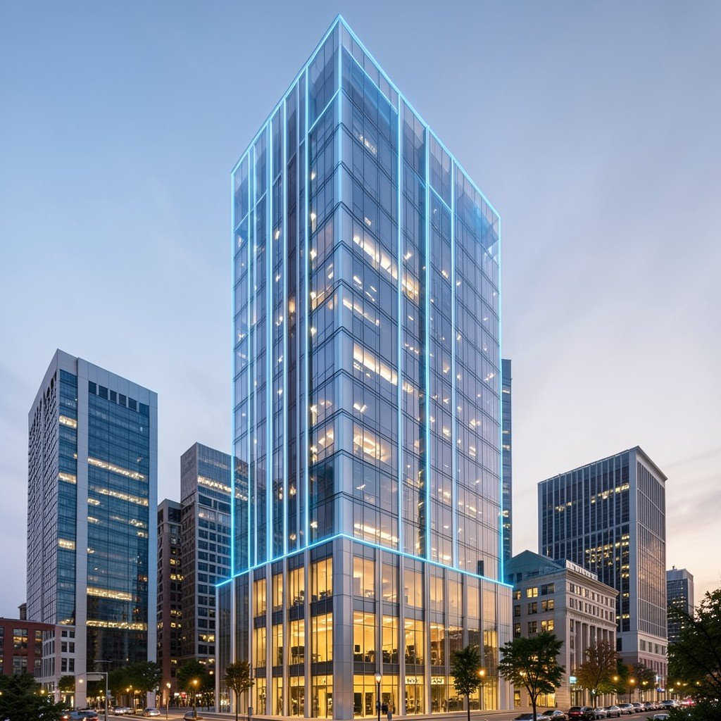 A modern financial district building with a subtle glowing blue overlay, clean layout, professional atmosphere, warm lighting, no text, aspect ratio 4:3
