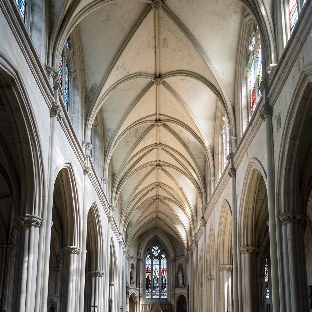 Interior of Bourges Cathedral showing the tall gothic ceiling with ribbed vaults and linear perspective of pillars leading down the nave, soft natural light filtering through stained glass windows, no people, 4:3