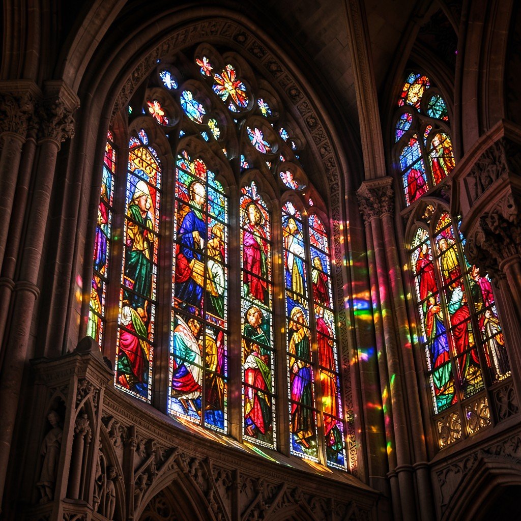 Close up of the glowing stained glass windows inside Bourges Cathedral with intricate medieval designs, sunlight shining through the colored glass casting colorful reflections, no visible text, 1:1