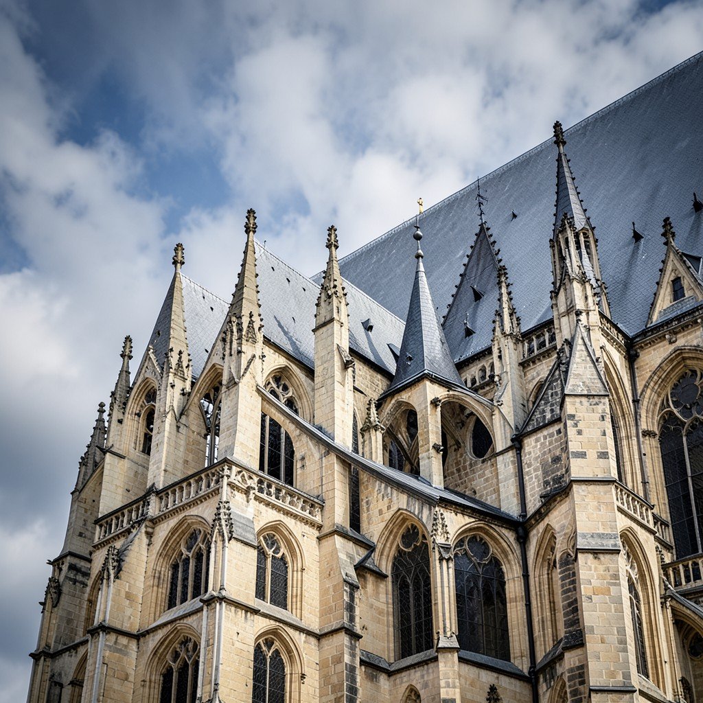 Side exterior view of Bourges Cathedral highlighting the uniform roofline and flying buttresses, dramatic sky with soft clouds, stone texture visible, architectural photography, no people, 4:3