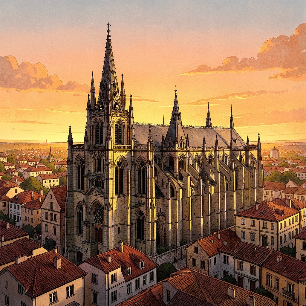 A wide panoramic view of Bourges Cathedral at sunset with golden light illuminating the stone walls and surrounding town, warm lighting, historical illustration style, no people, 4:3