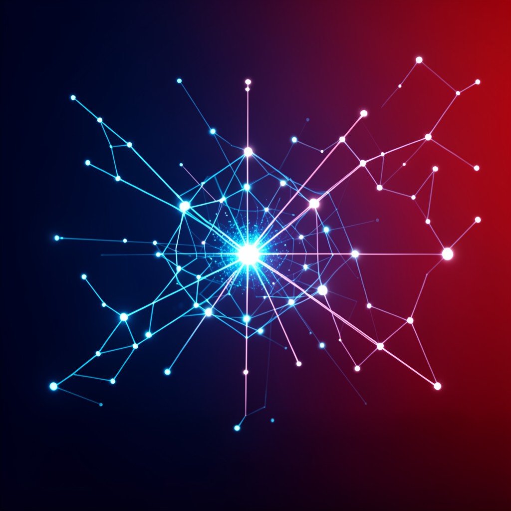 Abstract digital representation of artificial intelligence ethics and security, glowing neural network nodes, dark blue and red gradient background, no text, aspect ratio 1:1