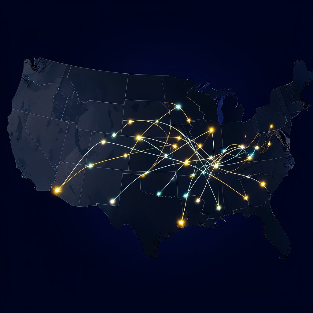 Map of the United States with glowing connection lines between states, professional and informational infographic style, deep navy background, no text, aspect ratio 4:3
