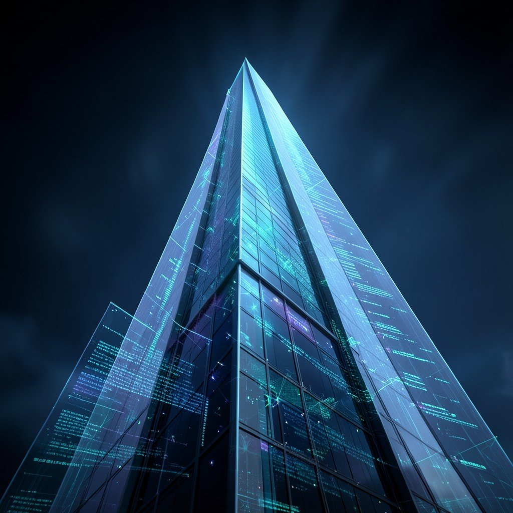 Abstract concept of a major corporate public offering, a stylized modern building reaching towards the sky with subtle holographic data layers, dramatic lighting, no text, aspect ratio 16:9