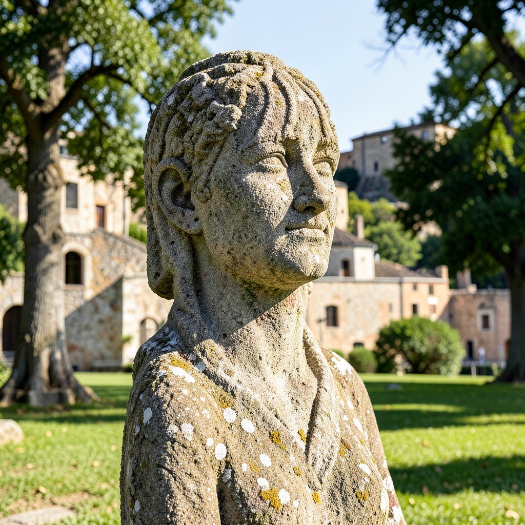 Close up of ancient carved stone statue in Butrint park, sunny day with soft shadows, 1:1