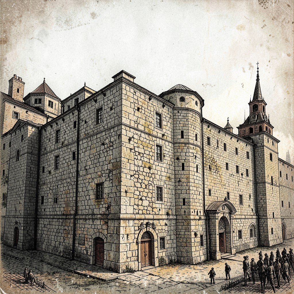 Solovetsky Monastery massive stone walls and historic architecture, textured background, historical illustration style, no text, aspect ratio 4:3